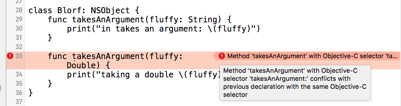 Error: Method takesAnArgument with ObjC selector conflicts with previous declaration with the same ObjC selector