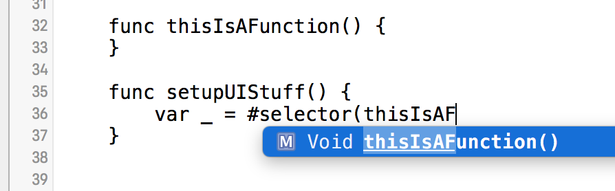 Xcode completing a `#selector` without a class name component, suggesting a function call