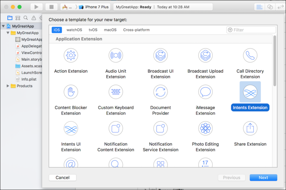 Adding an Intents Extension target to your Xcode project.