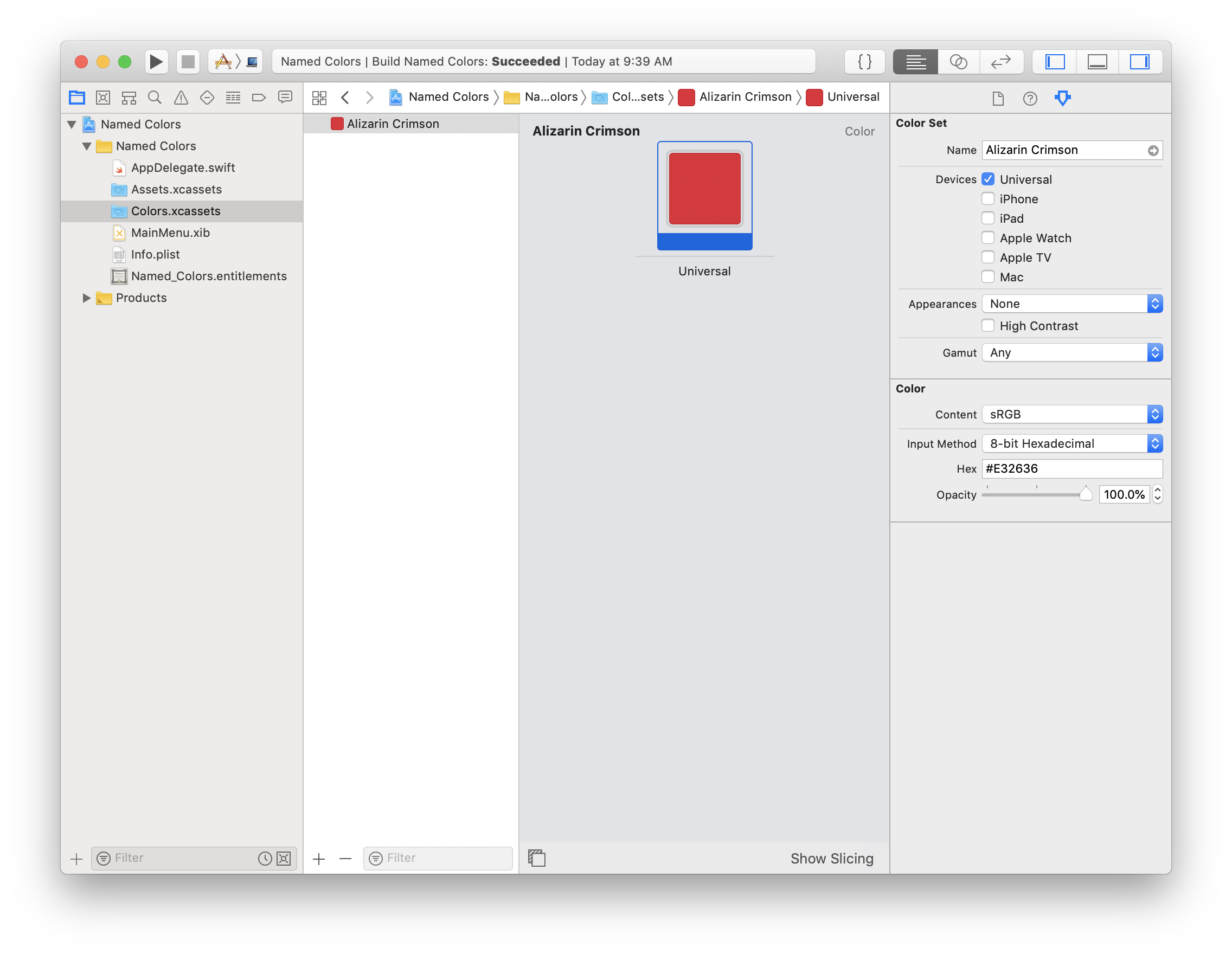 Defining the Alizarin Crimson color in Xcode.