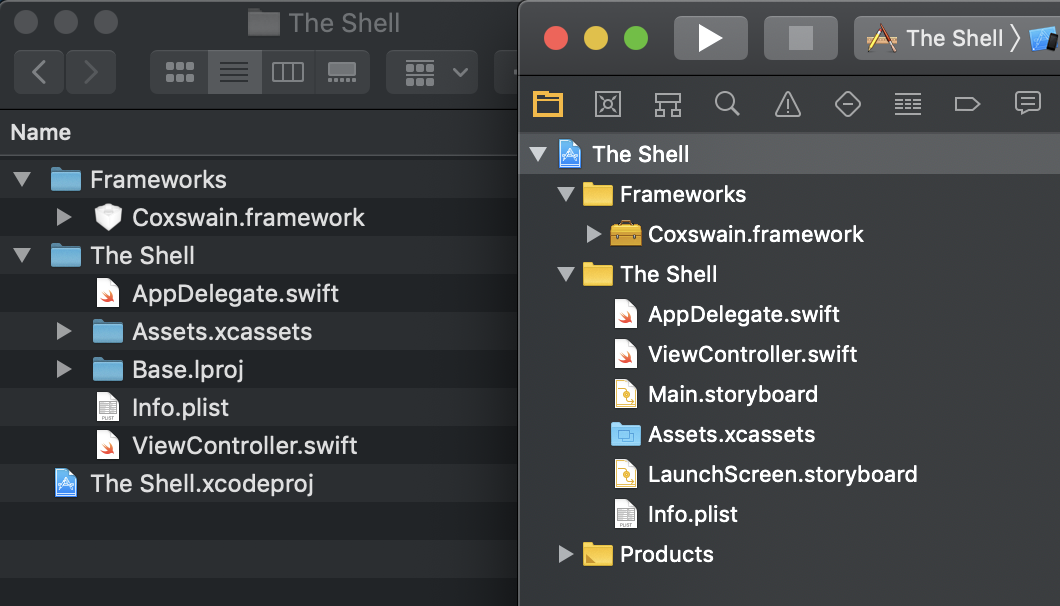 The Xcode Project Navigator mirroring the file system structure