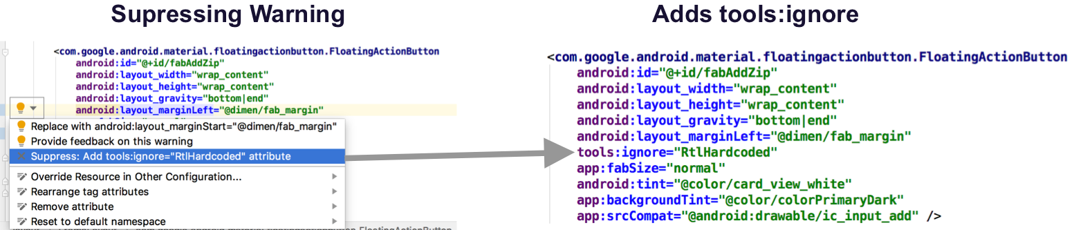 Suppressing a lint warning with Android Studio quick assist adds a `tools:ignore` attr