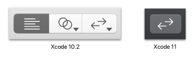 Toolbar buttons for Xcode 10.2 side-by-side with the one button in Xcode 11