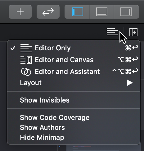 Editor Options button clicked, showing "Editor Only", "Editor and Canvas", and "Editor and Assistant" options in the dropdown
