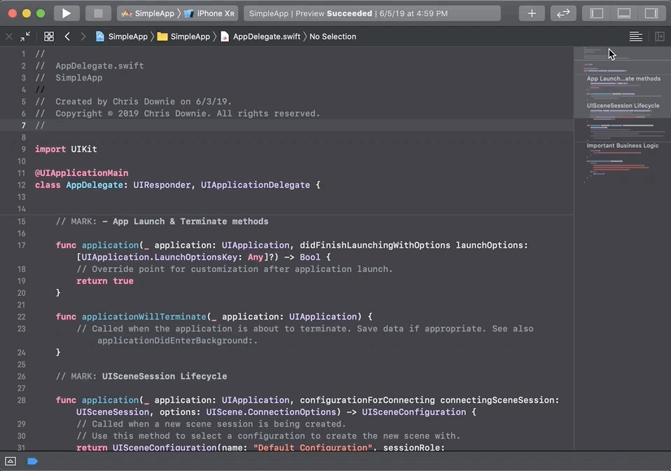 Clicking on a method causes Xcode to scroll the editor to that method.