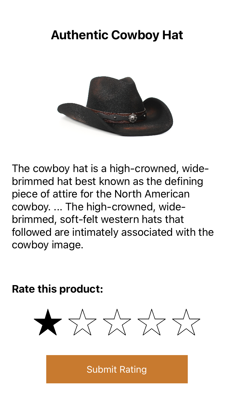 a cowboy hat with description, rating, and button