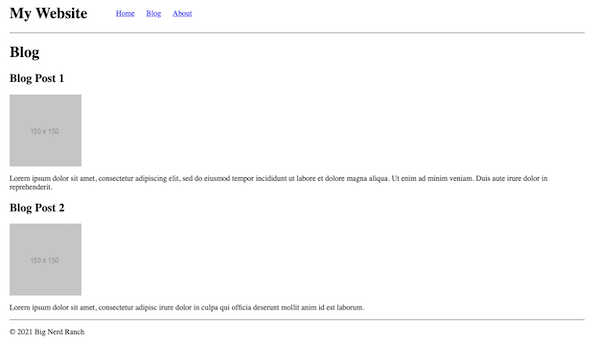 A simple website with a header, two fake blog posts, and footer