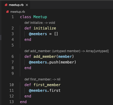 screenshot of a code editor showing the Meetup class with type signatures added above each method