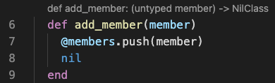 screenshot of an editor showing an add_member method definition, with a type signature showing it returns NilClass