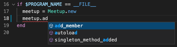 screenshot of an editor showing a variable meetup with the letters "ad" typed as the beginning of a method call. an autocomplete dropdown is shown with the method add_member highlighted
