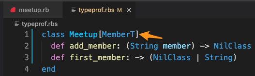 screenshot of an editor showing an RBS file with a Meetup class definition. an arrow points to a type variable MemberT that has been added to the class