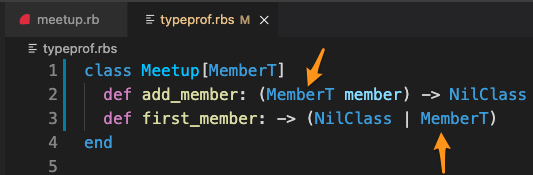 screenshot of an editor showing an RBS file with arrows pointing to the type variable MemberT in two places: as an argument to method add_member, and as part of the return type of method first_member, along with NilClass