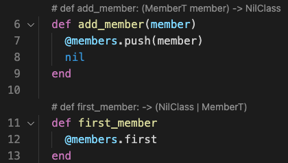 screenshot of an editor showing a Ruby class Meetup. type signatures appear over the methods, including the MemberT type variable as an argument to method add_member, and as part of the return type of method first_member