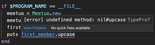 screenshot of an editor showing an error indicator under the method call upcase on variable first_member. the error message says "undefined method: nil#upcase"